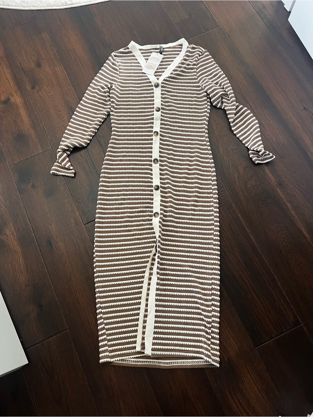 Striped Brown and Cream Button-Front Knit Dress